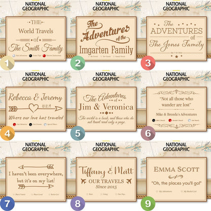 Nine personalized National Geographic travel map canvas design style options numbered one through nine