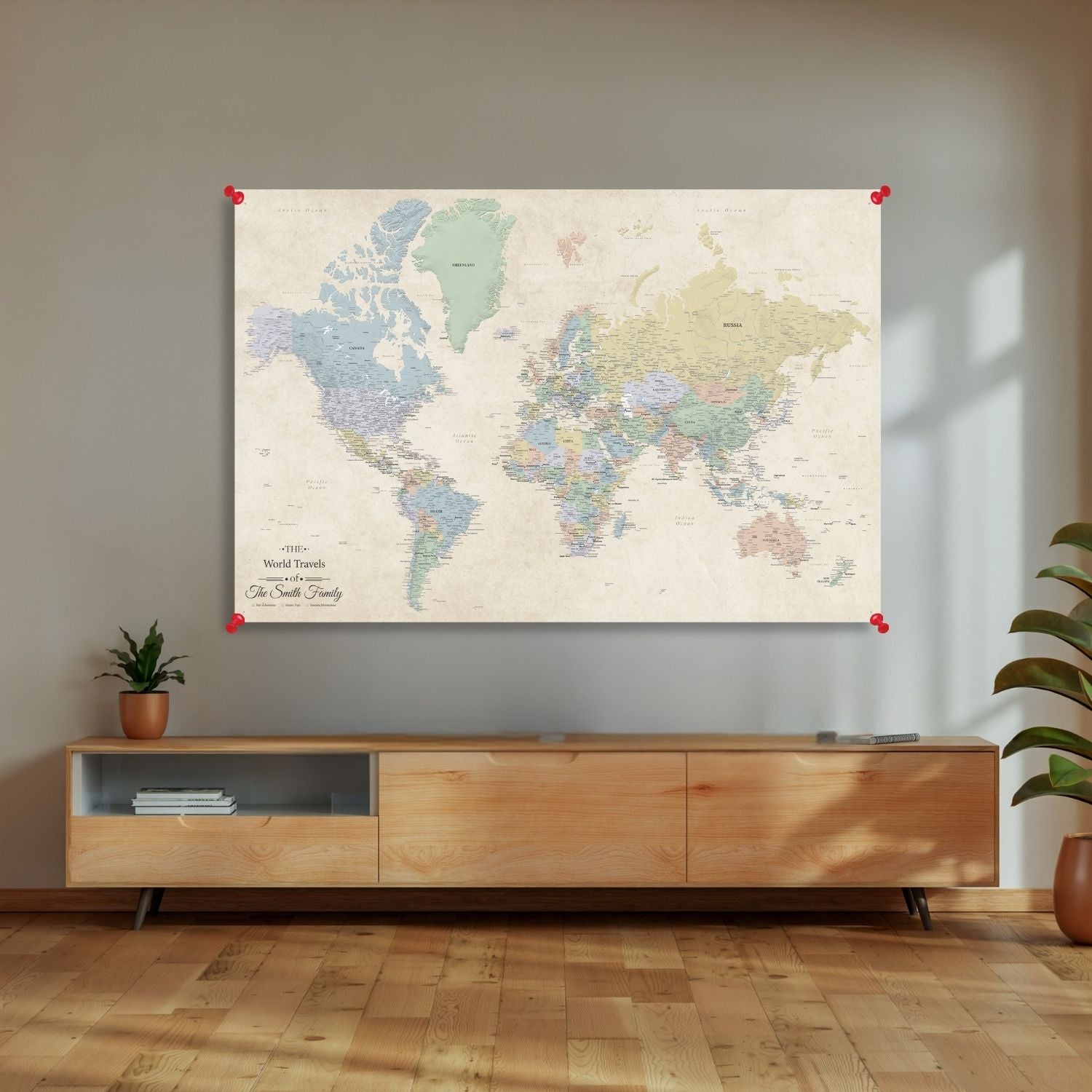 Sandy Dreams World map poster on a wall. 