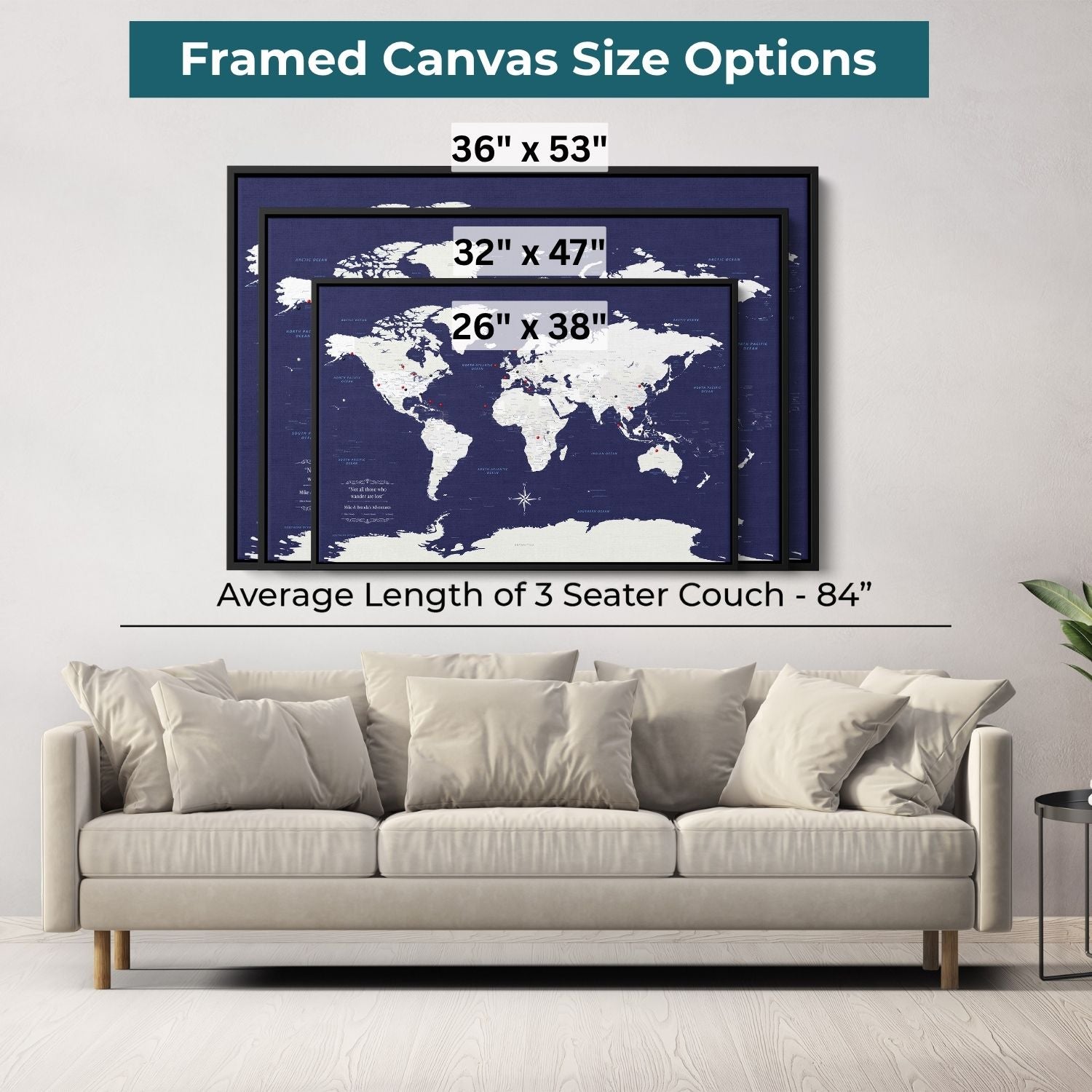 Navy Explorers canvas world travel map with pins in black frame showing three size options above gray sofa