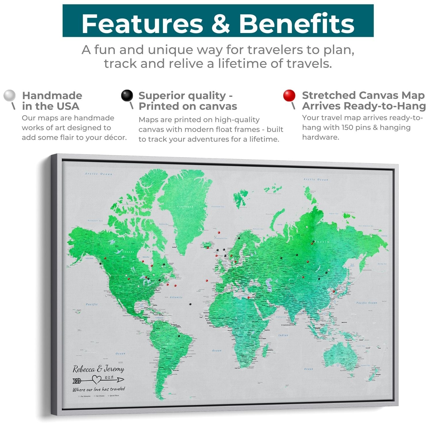 Canvas - Enchanting Emerald Watercolor World Travel Map with pins