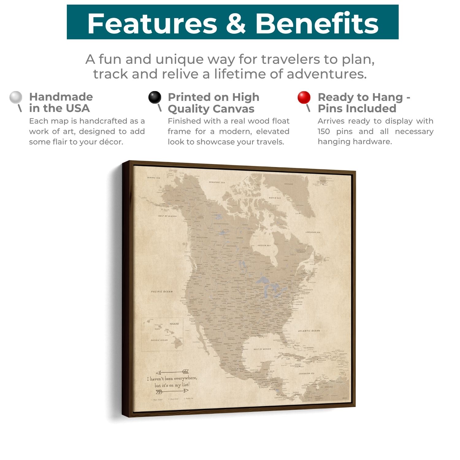 Vintage North America canvas travel map with wood float frame features and benefits infographic