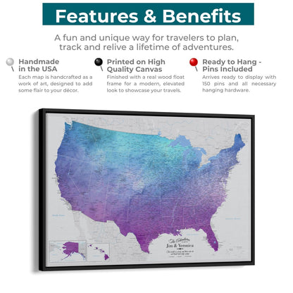 Canvas - Vibrant Violet Watercolor USA Travel Map with pins