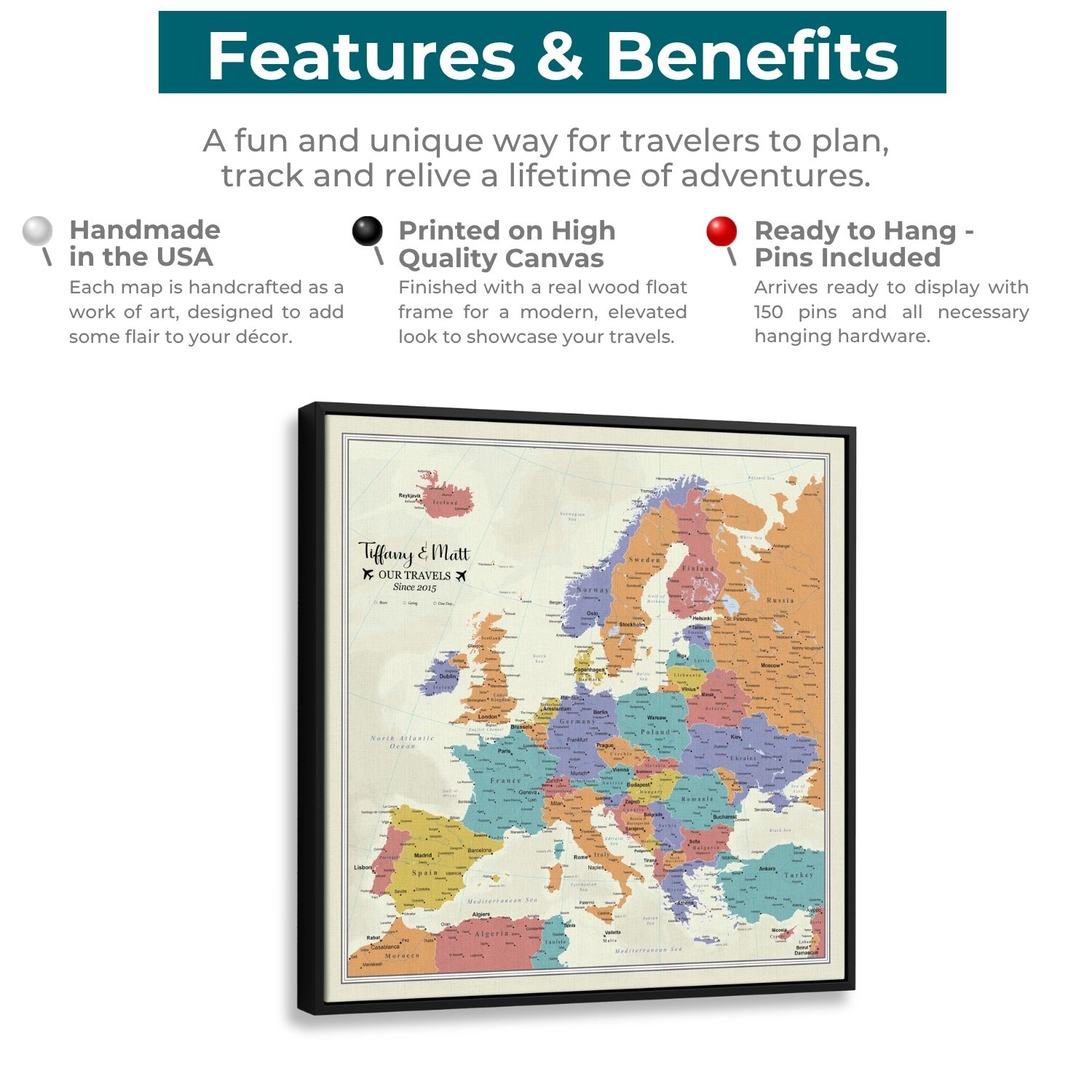 Canvas - Tan Ocean Europe Travel Map with Pins - Square