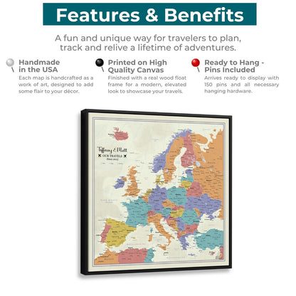 Canvas - Tan Ocean Europe Travel Map with Pins - Square