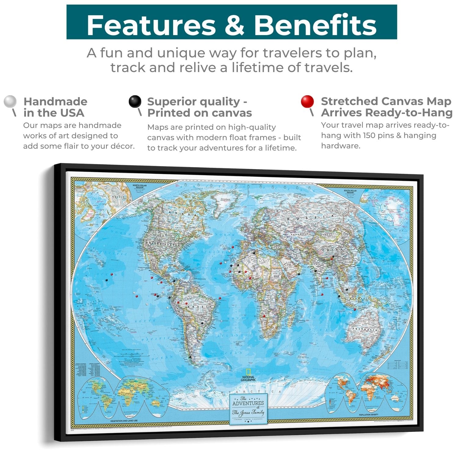 Canvas Classic World Map | Canvas Travel Map | Push Pin Travel Maps