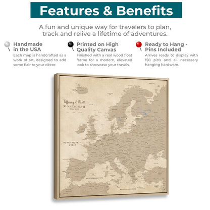 Canvas - Vintage Europe Travel Map with Pins - Square