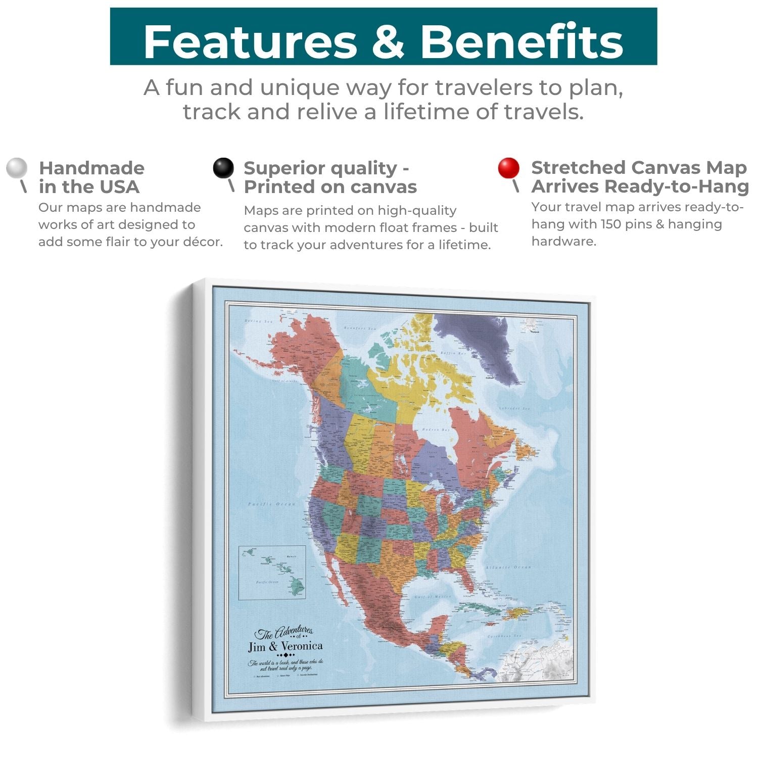 Canvas Map of North America | North America Travel Map with Pins