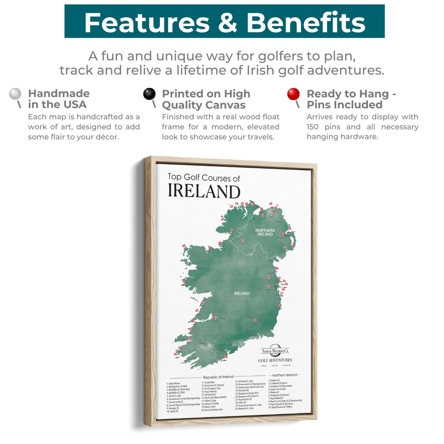 Canvas - Ireland Golf Courses Travel Map with Pins