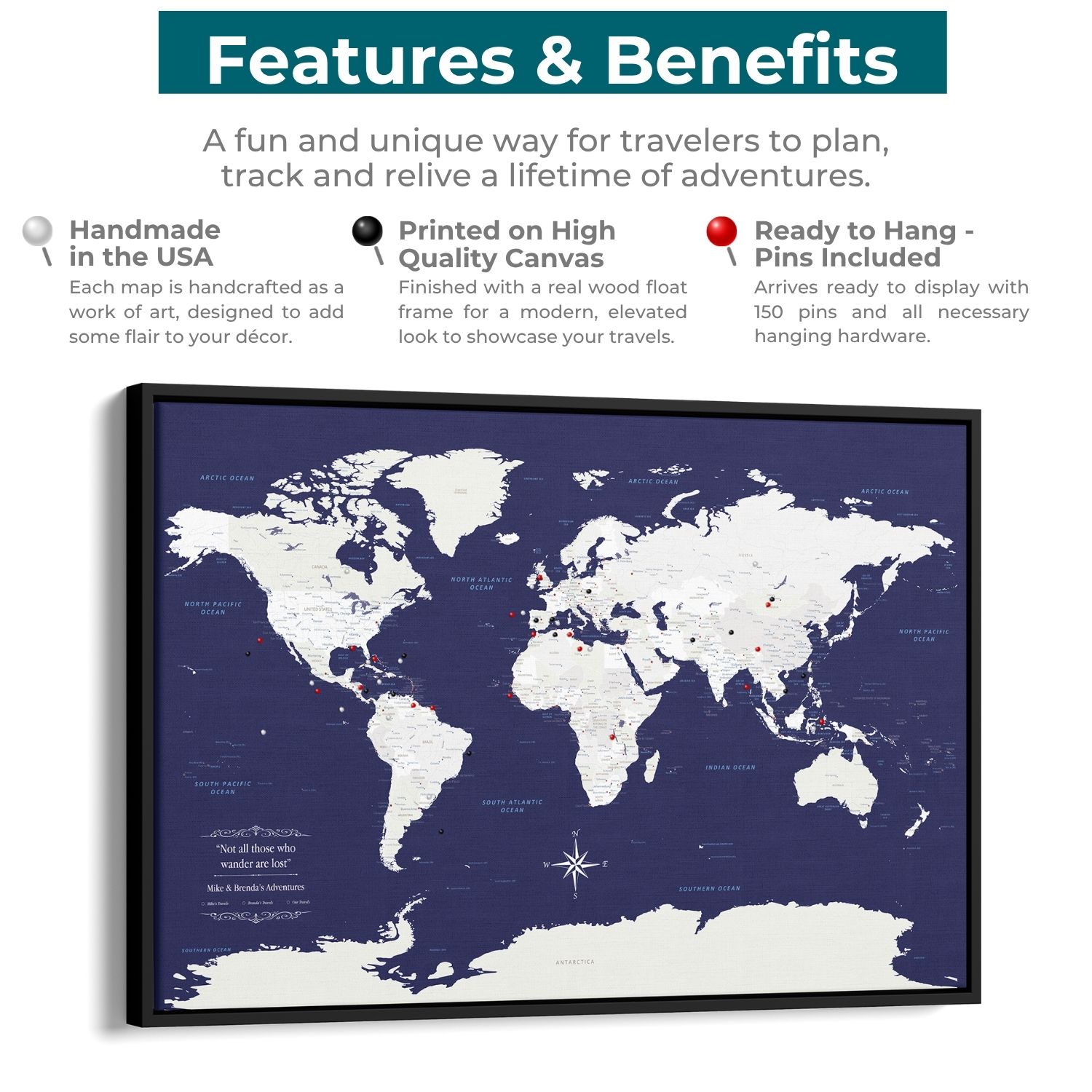 World map on high-quality canvas with features and benefits listed above it.