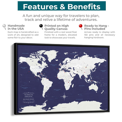 World map on high-quality canvas with features and benefits listed above it.