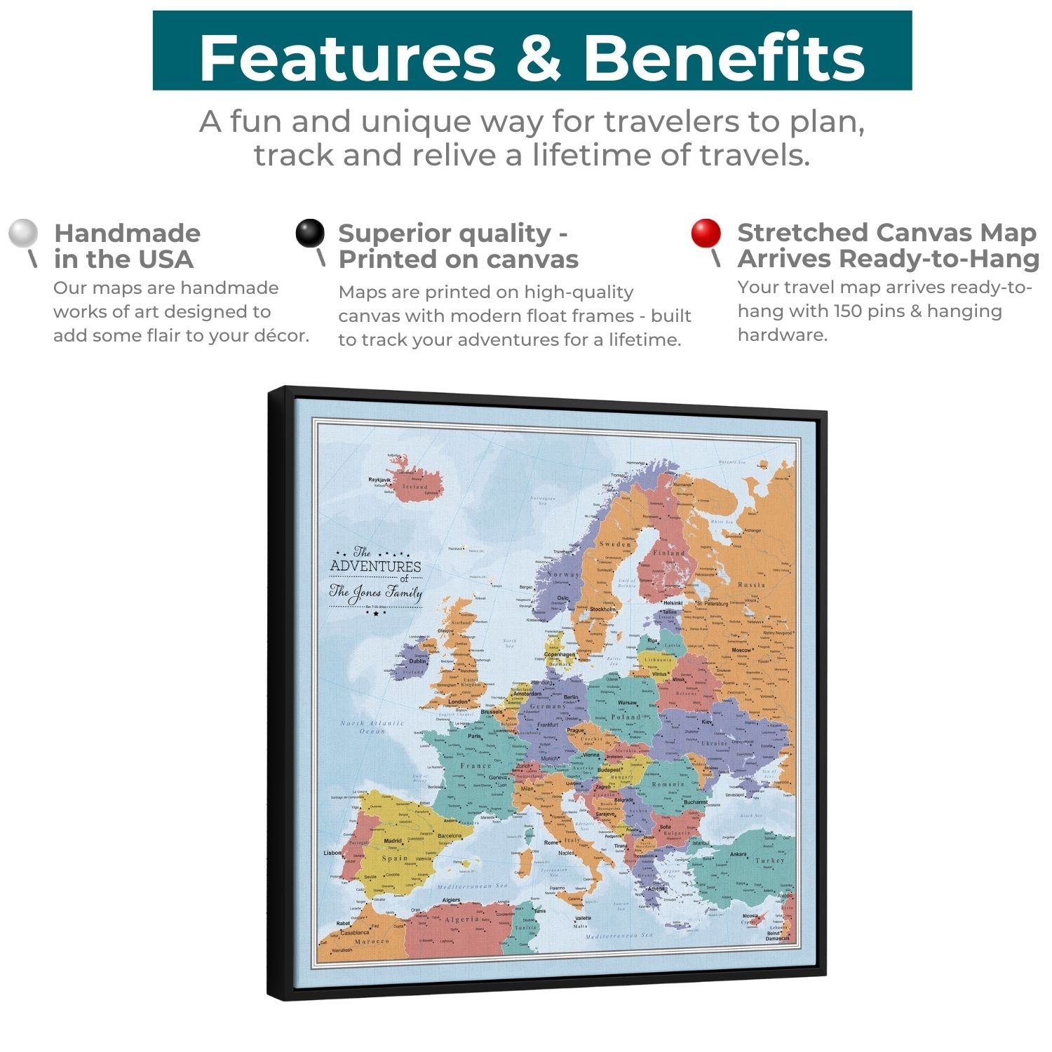 Personalized blue oceans Europe travel map with pins in black float frame on canvas