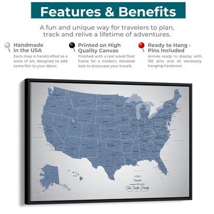 Canvas - Blue Ice USA Push Pin Travel Map with pins