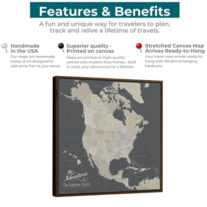 Earth toned North America canvas travel map with pins in brown float frame featuring gray and tan color palette