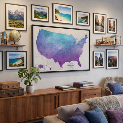 Canvas - Vibrant Violet Watercolor USA Travel Map with pins