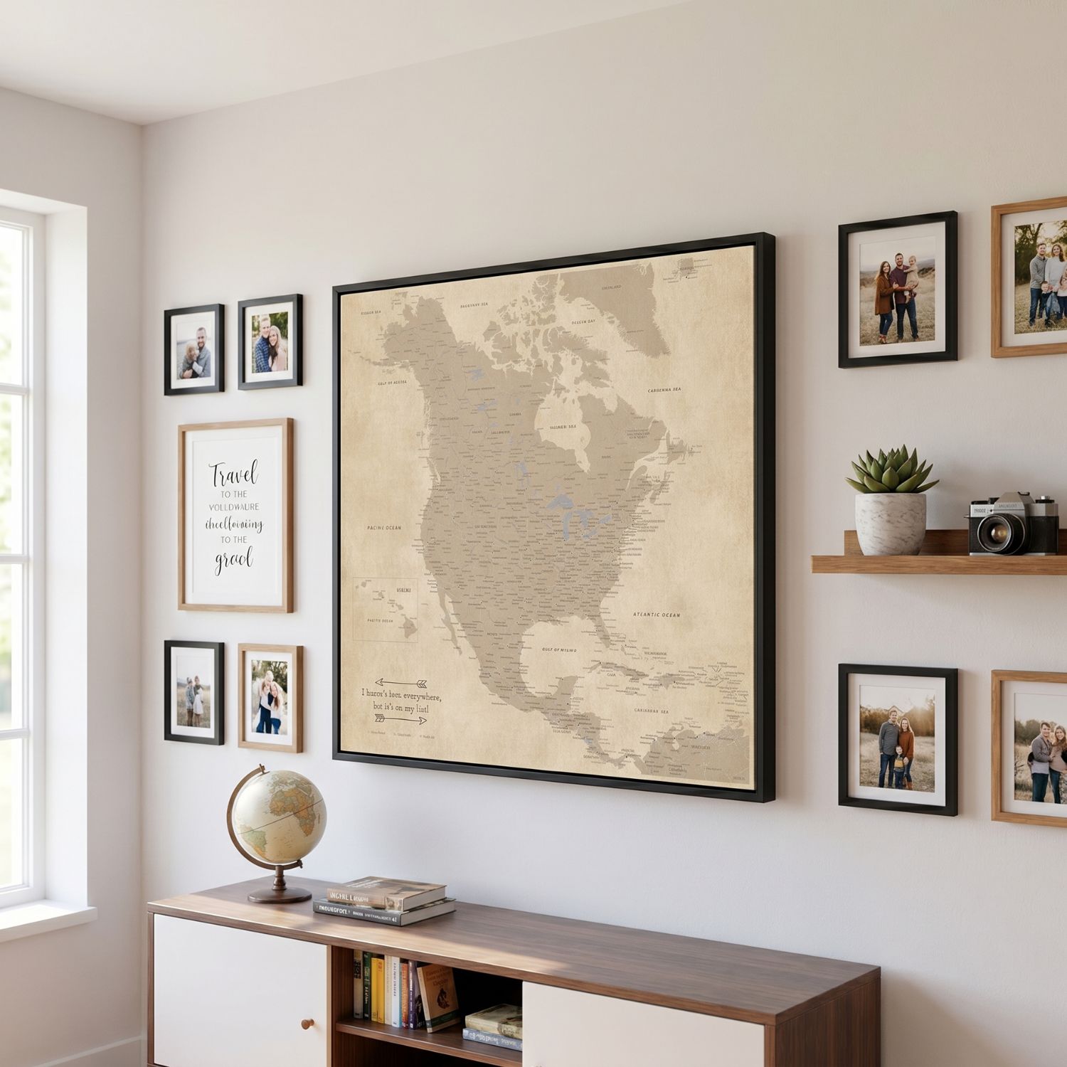 Vintage North America canvas travel map in black frame displayed in cozy home gallery wall
