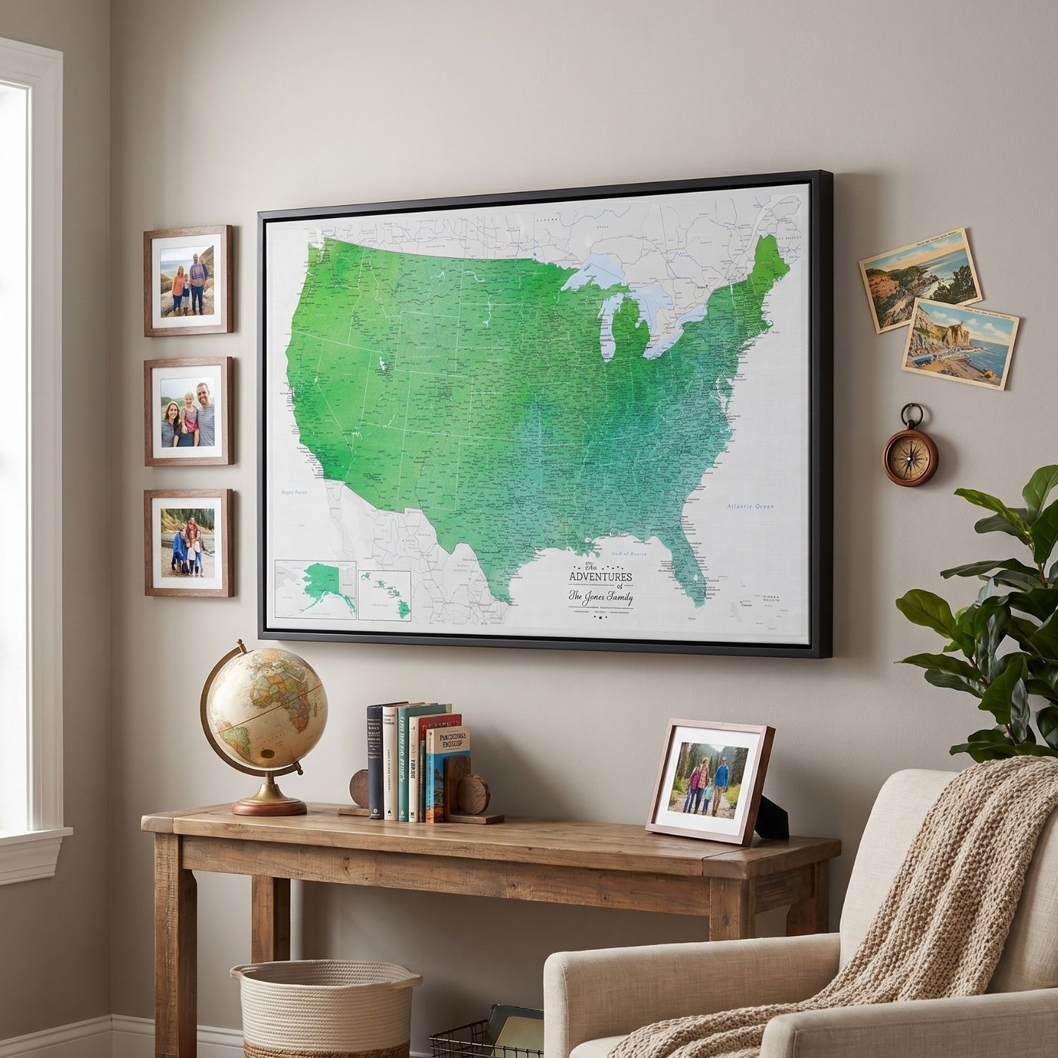 Canvas - Enchanting Emerald Watercolor USA Travel Map with pins