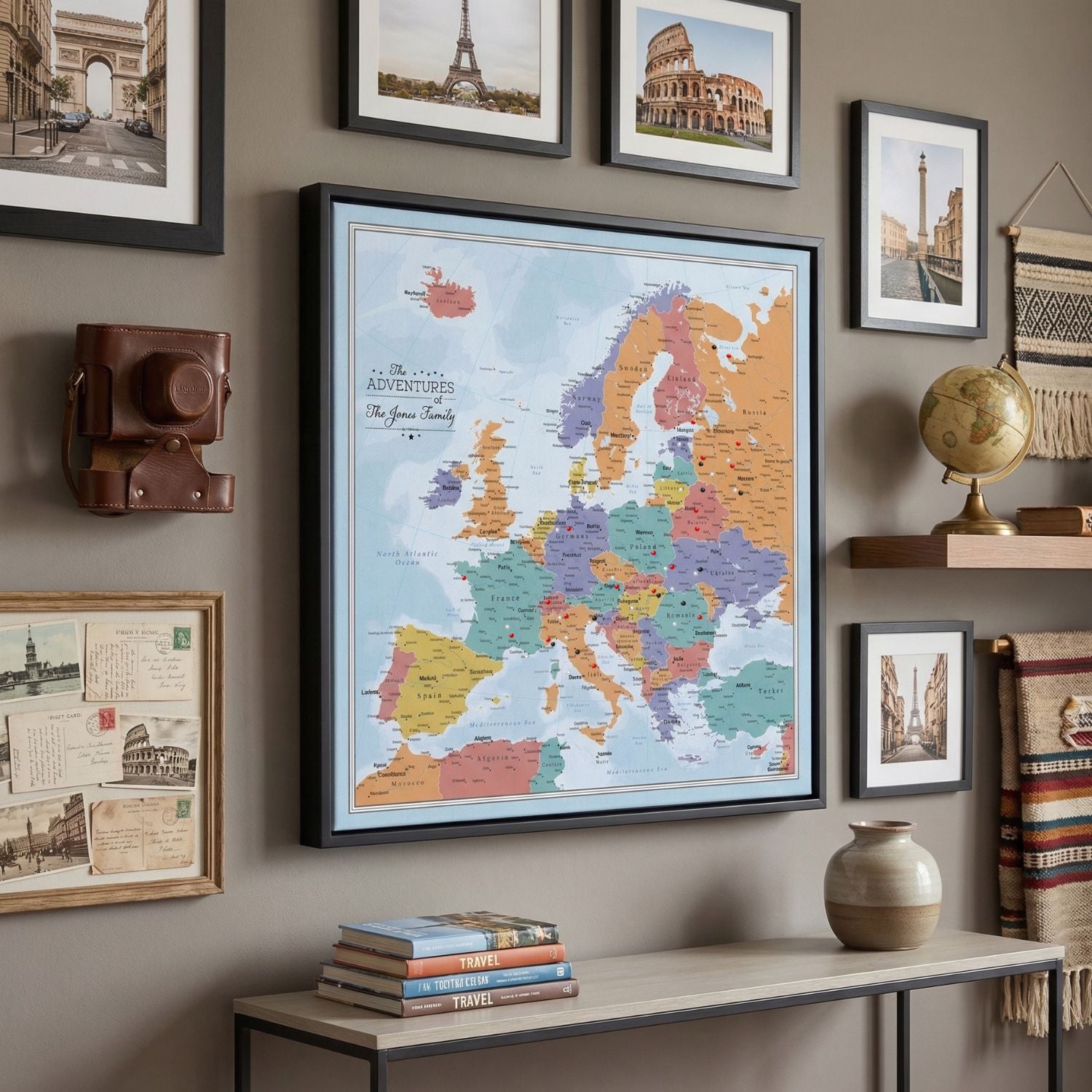 Personalized framed canvas Blue Oceans Europe travel map with pins displayed on gallery wall with travel decor