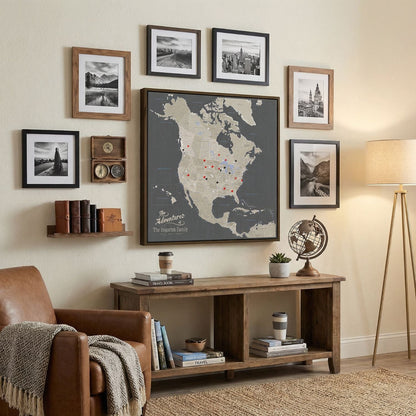 Personalized earth toned North America travel map with pins in dark frame displayed in cozy living room gallery wall