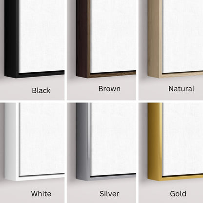 Six canvas frame color options close-up showing black, brown, natural wood, white, silver, and gold finishes