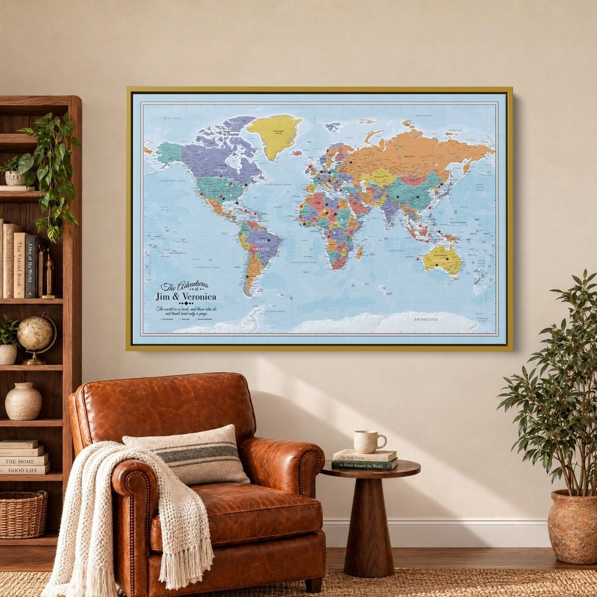 Canvas - Blue Oceans World Travel Map with pins
