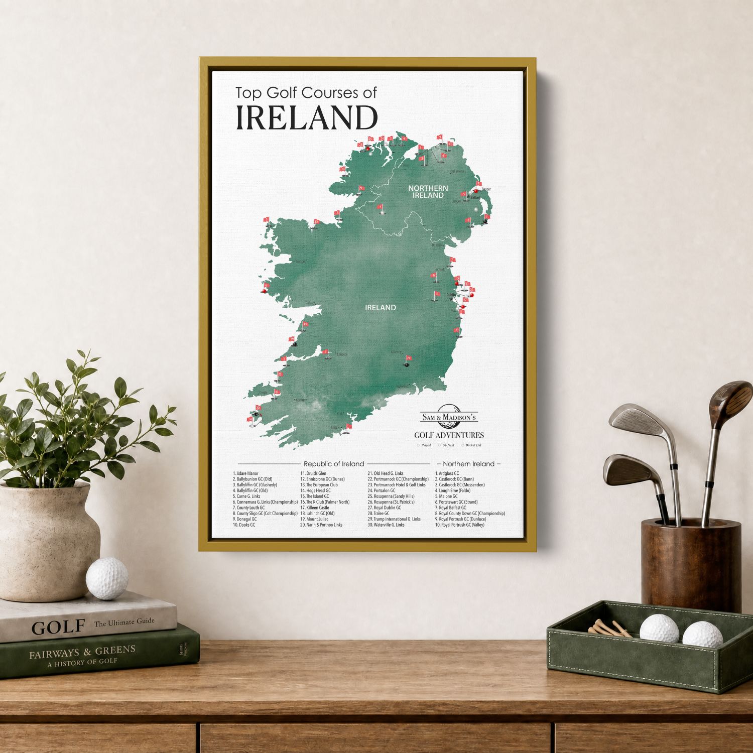 Canvas - Ireland Golf Courses Travel Map with Pins