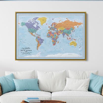 Canvas - Blue Oceans World Travel Map with pins