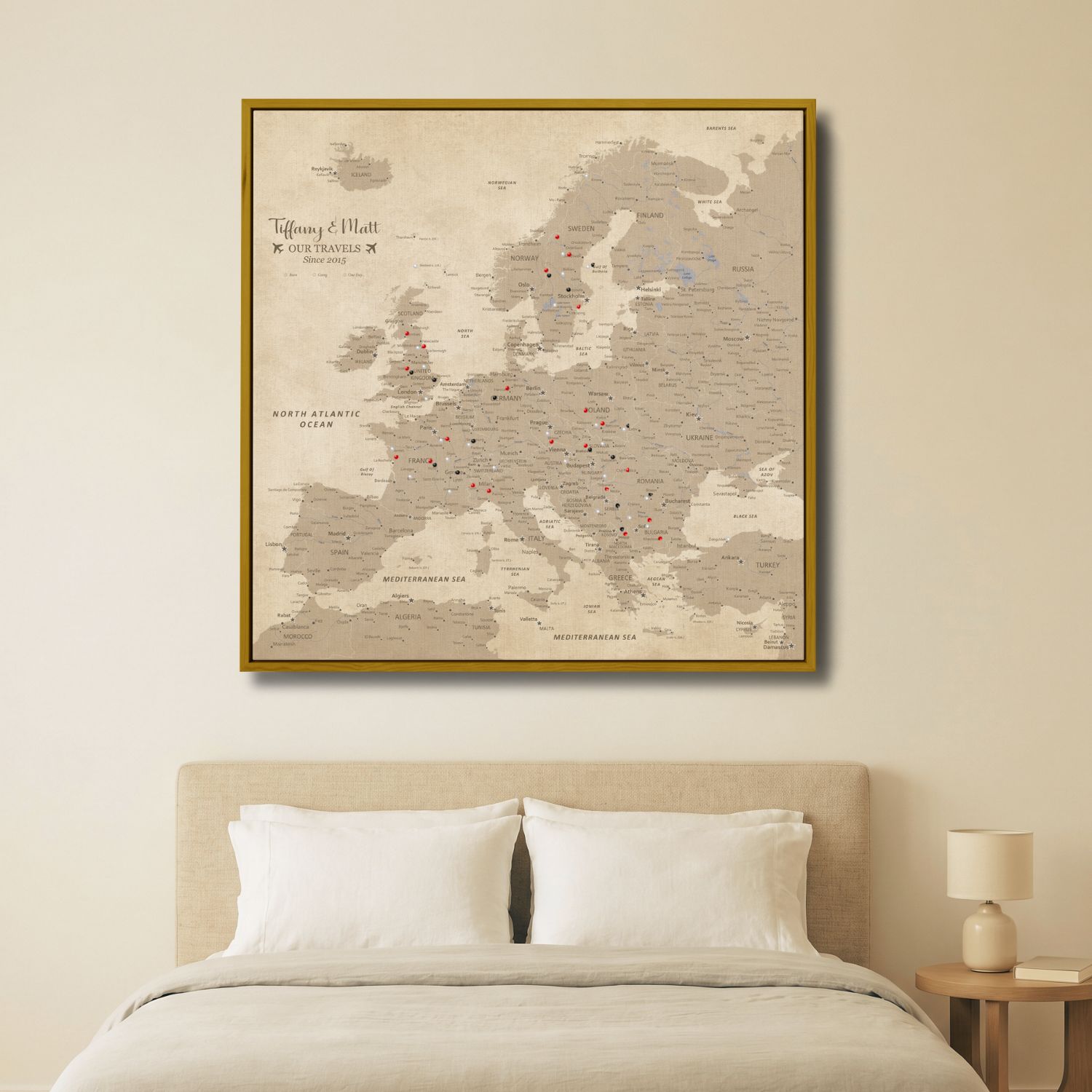 Canvas - Vintage Europe Travel Map with Pins - Square
