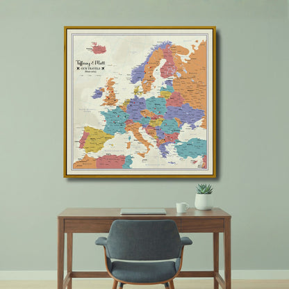 Canvas - Tan Ocean Europe Travel Map with Pins - Square