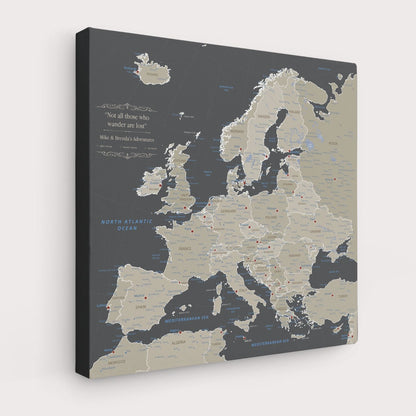 Gallery Wrapped - Earth Toned Europe Travel Map with Pins - Square Style