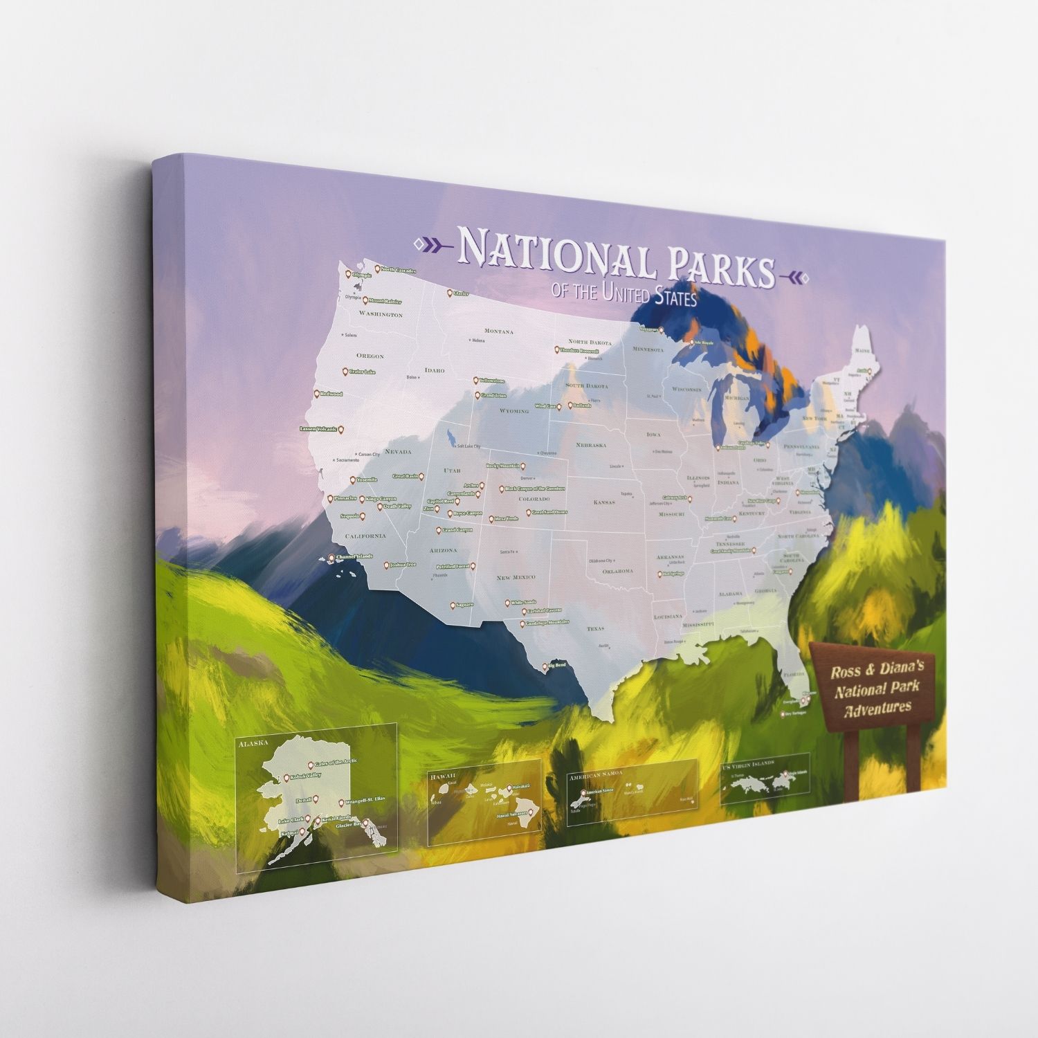 Gallery Wrapped - National Parks Watercolor Travel Map with pins