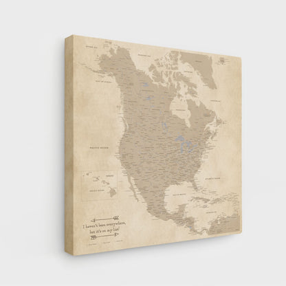 Vintage North America travel map canvas gallery wrap with antique beige tones angled side view