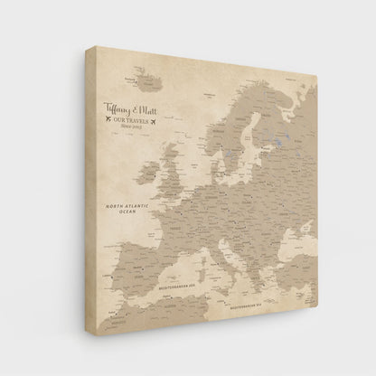 Gallery Wrapped - Vintage Europe Travel Map with Pins - Square Style