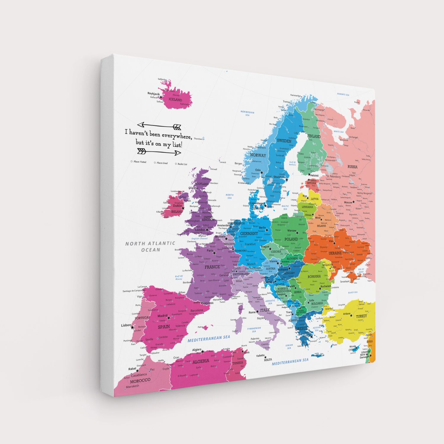 Gallery Wrapped - Colorful Europe Travel Map with Pins - Square