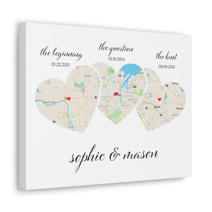 Relationship Map Wall Art | 3 Heart Couple Map | Option 2