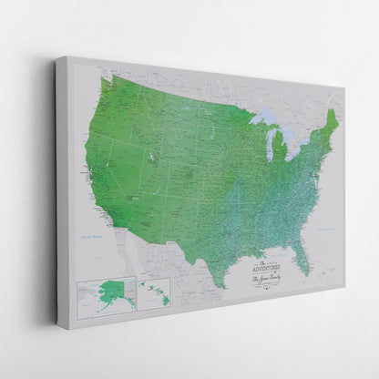 Gallery Wrapped - Enchanting Emerald Watercolor US Travel Map with pins