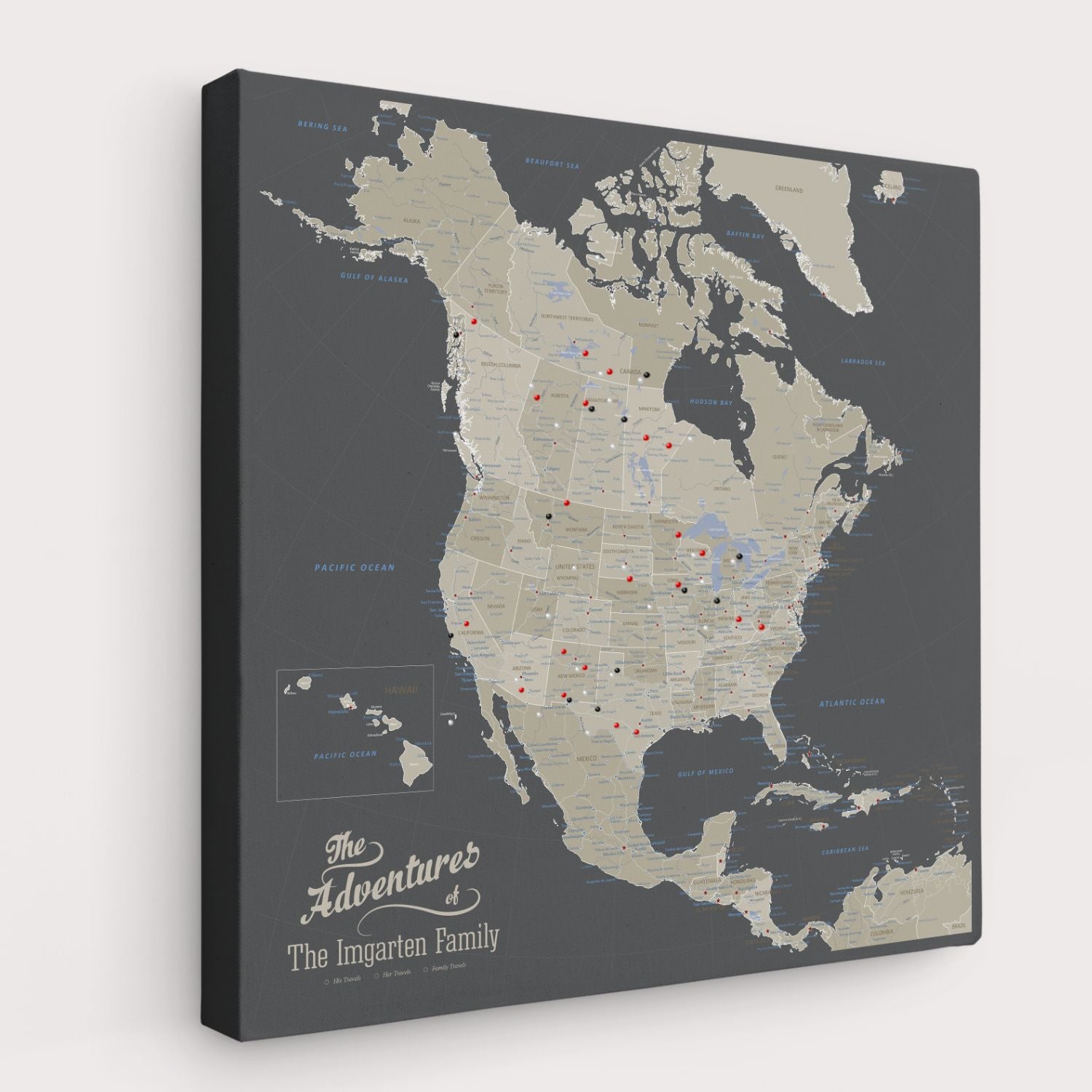 Personalized earth toned North America travel map on gallery wrapped canvas with red and black push pins marking adventures