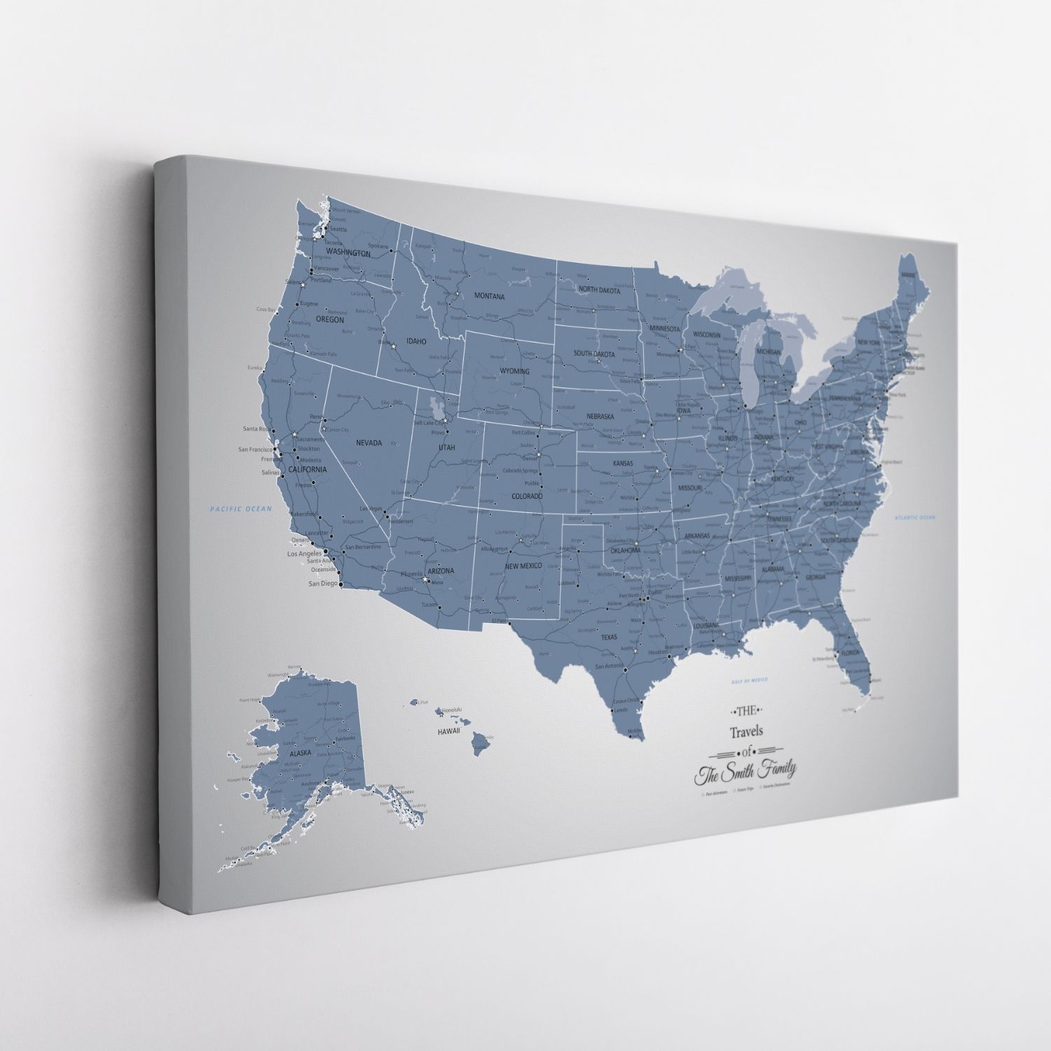 Navy blue USA travel map canvas wall art angled view showing all 50 states with personalized Smith Family text