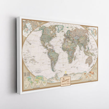Personalized National Geographic Executive World Travel Map canvas gallery wrap with antique-style cartography, displayed at angle on white wall