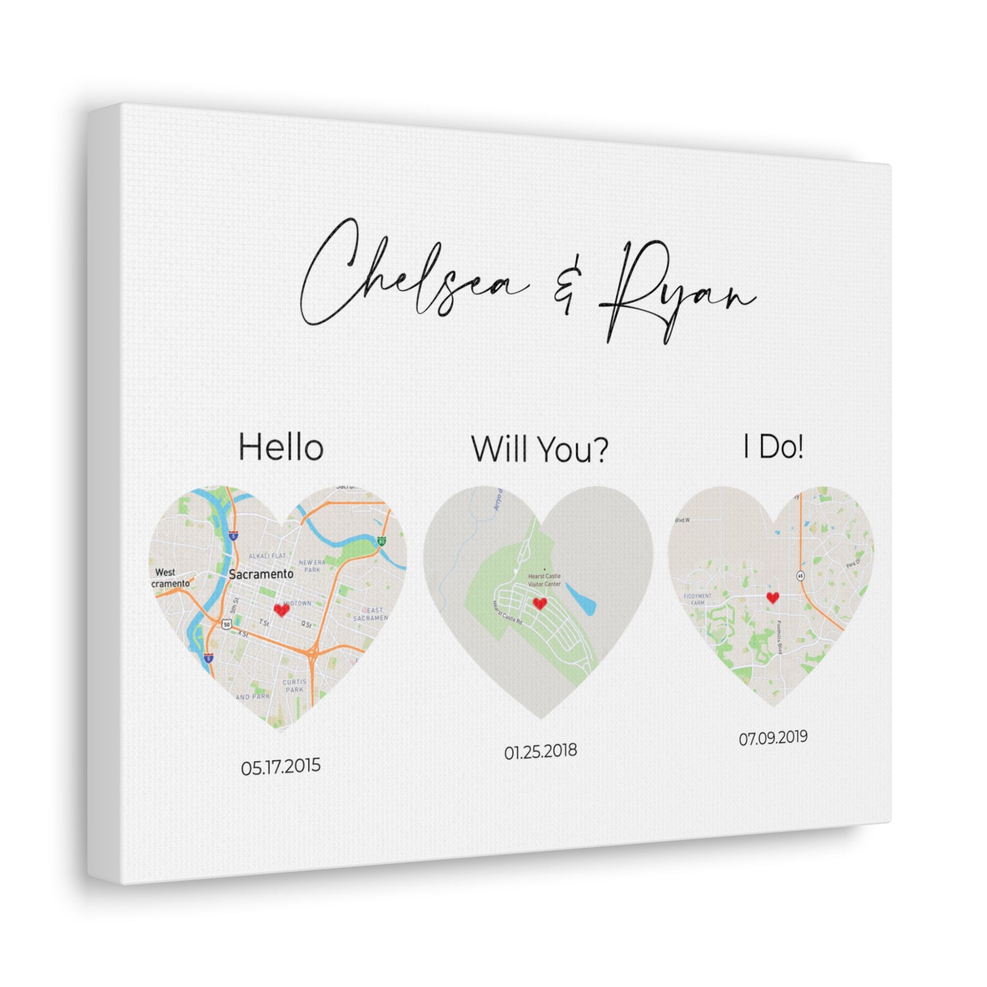 3 Heart Map Art | Where We Met Map | Hello, Will You, I Do | Option 1
