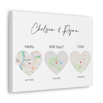 3 Heart Map Art | Where We Met Map | Hello, Will You, I Do | Option 1
