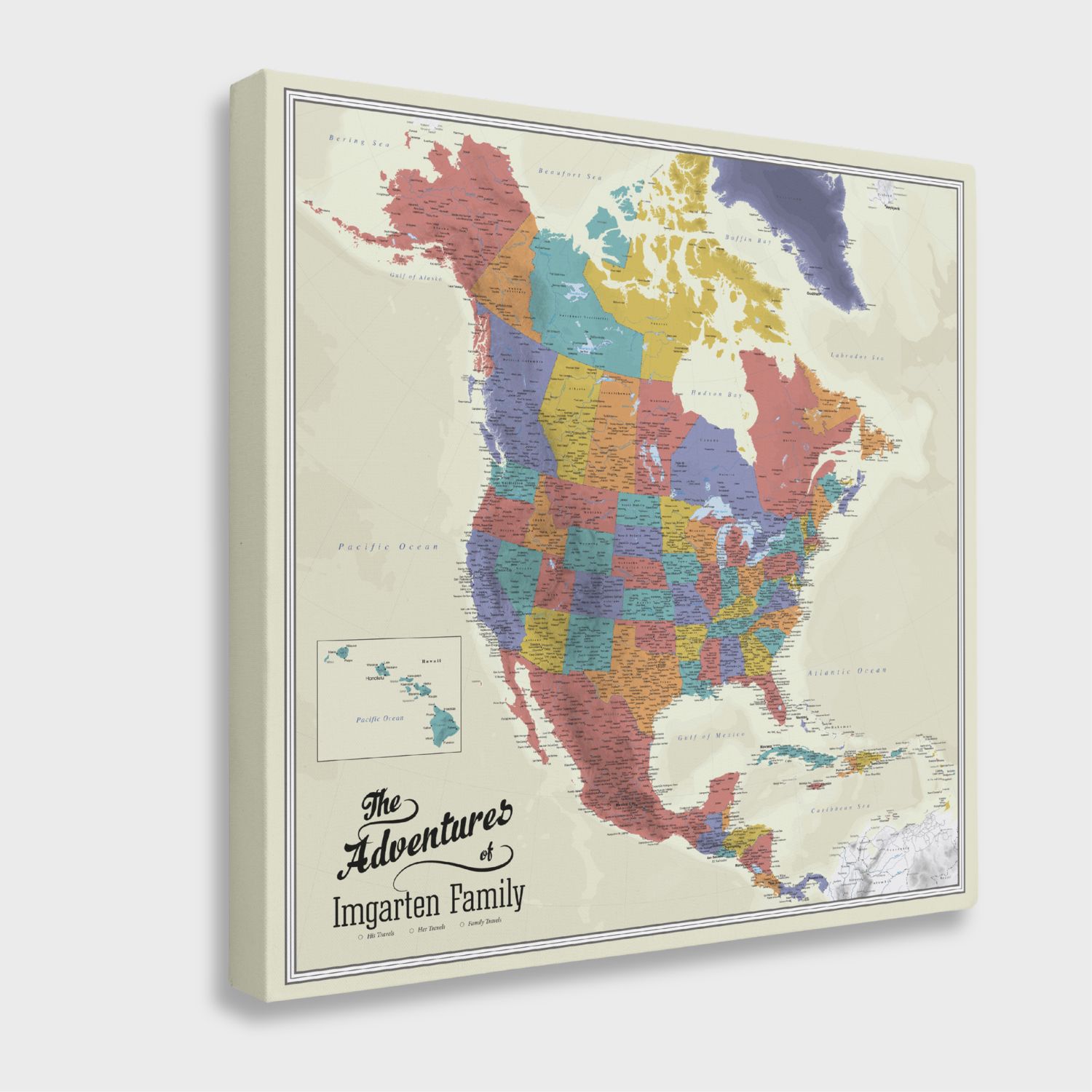 Gallery Wrapped - Tan Oceans North America Travel Map with Pins