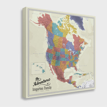 Gallery Wrapped - Tan Oceans North America Travel Map with Pins