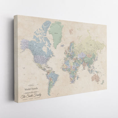 Side view of personalized sandy dreams push pin map of the world