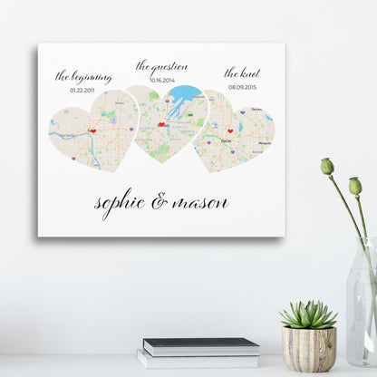 Relationship Map Wall Art | 3 Heart Couple Map | Option 2