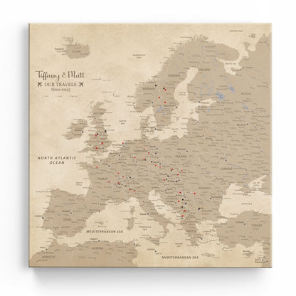 Gallery Wrapped - Vintage Europe Travel Map with Pins - Square Style