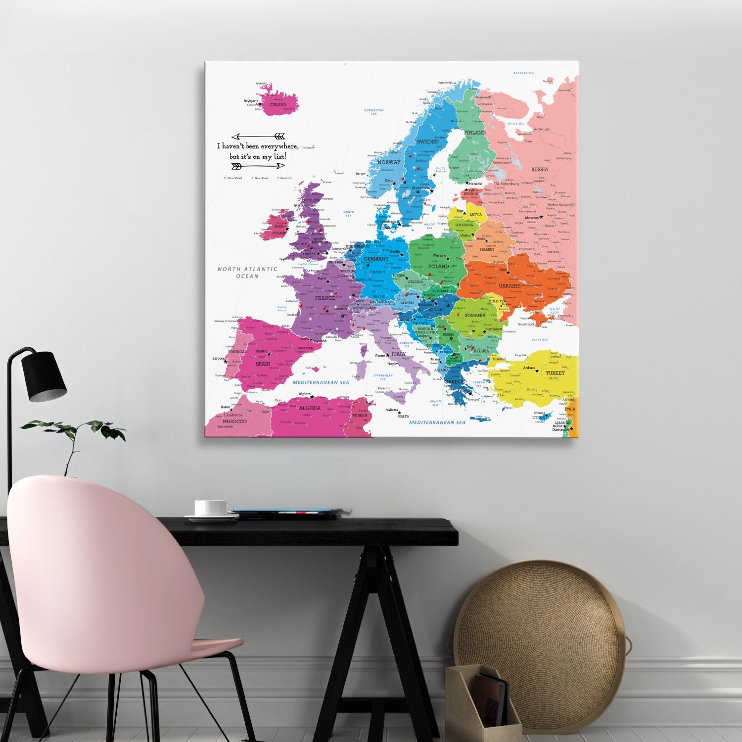 Gallery Wrapped - Colorful Europe Travel Map with Pins - Square