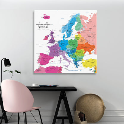 Gallery Wrapped - Colorful Europe Travel Map with Pins - Square