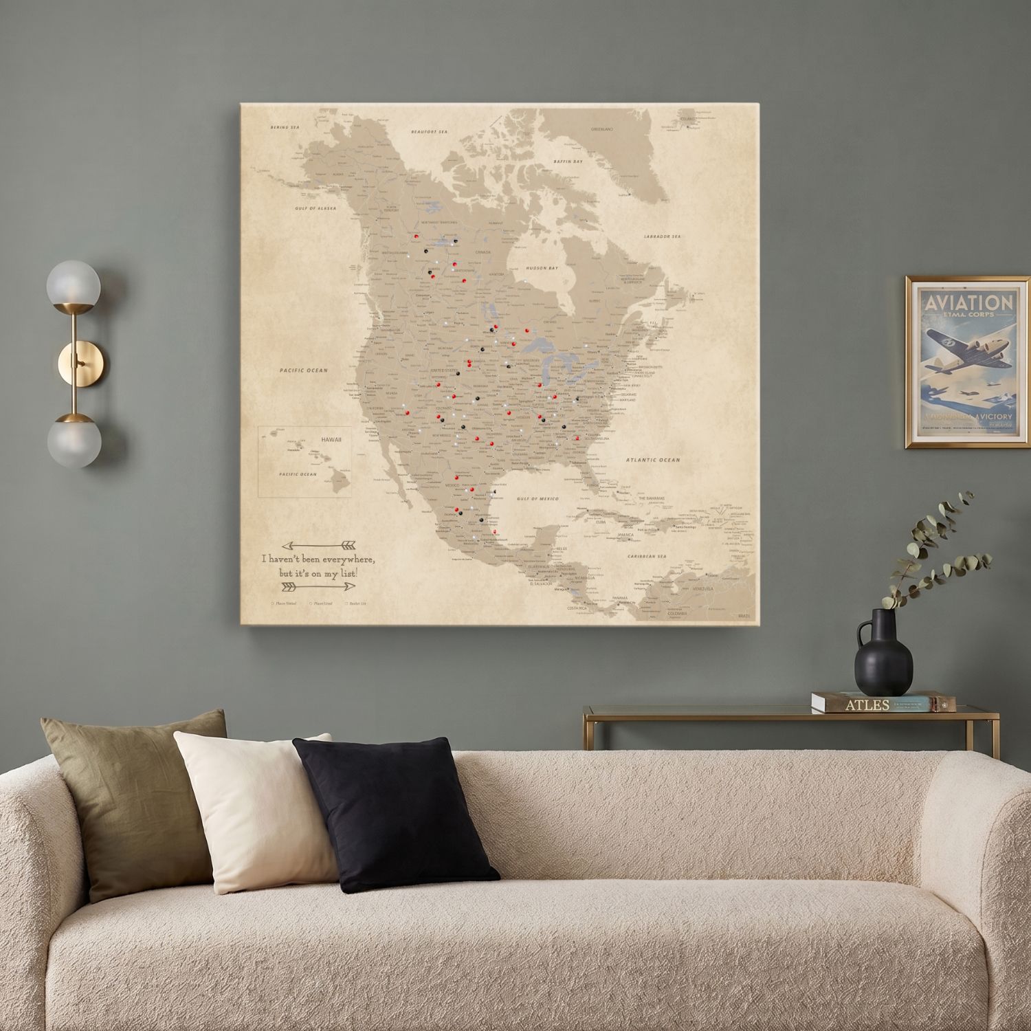 Gallery Wrapped - Vintage North America Travel Map with pins