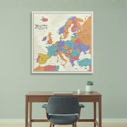 Gallery Wrapped - Tan Oceans Europe Travel Map with Pins - Square Style