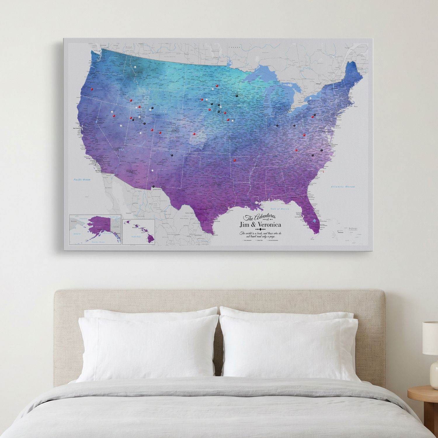 Gallery Wrapped - Vibrant Violet Watercolor USA Push Pin Map with Pins